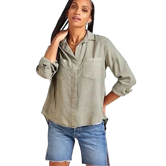 Anthropologie CLOTH & STONE Green Split Back Button Up High Low Shirt - Picture 3 of 12